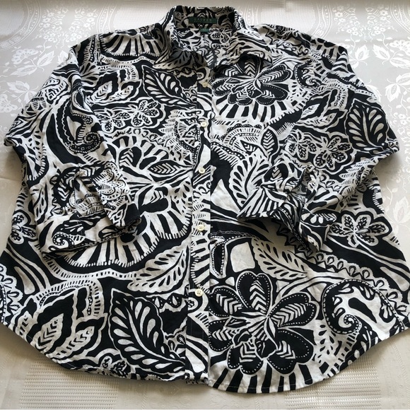 Lauren Ralph Lauren Women’s Black/White Floral Blouse Size L Button-Up Collared - Picture 11 of 16